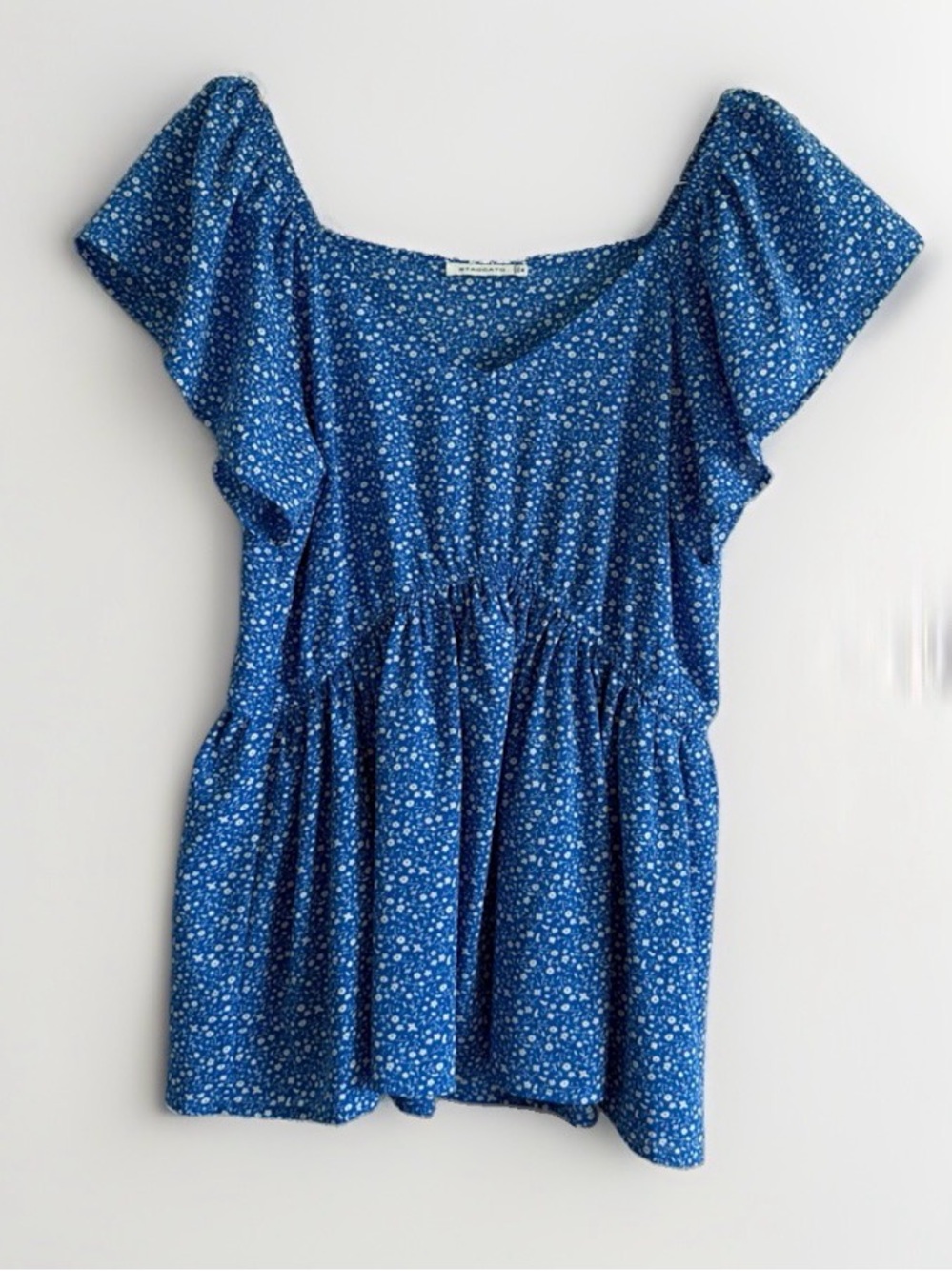 Floral Babydoll Smocked Waist Peplum Top Shirt M Flutter Sleeve V-Neck Prairie